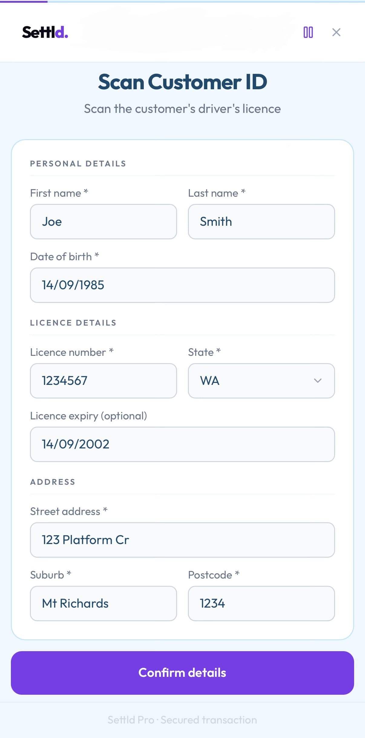 Scan Drivers Licence — Settld app screenshot