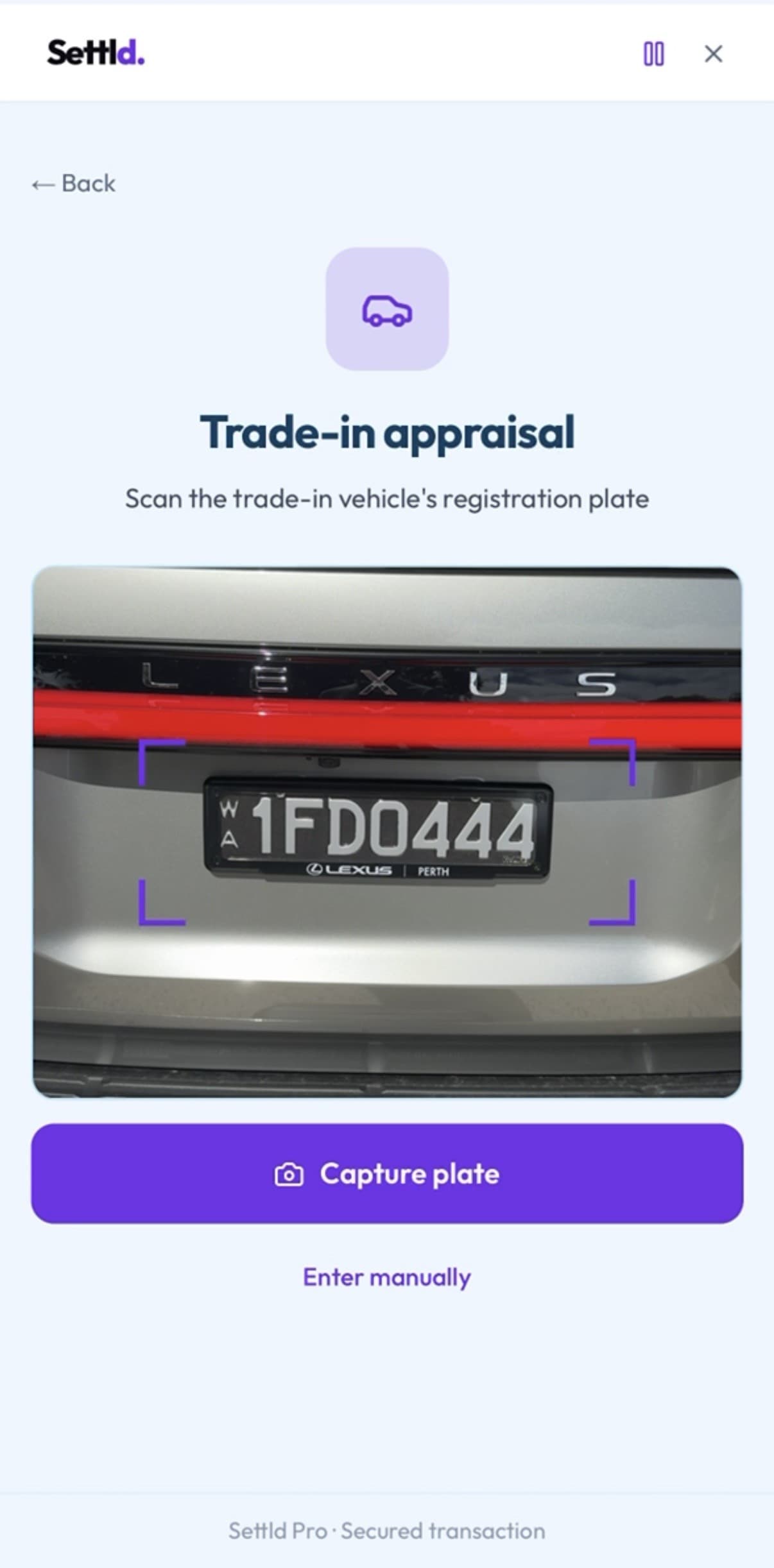 Scan Licence Plate — Settld app screenshot