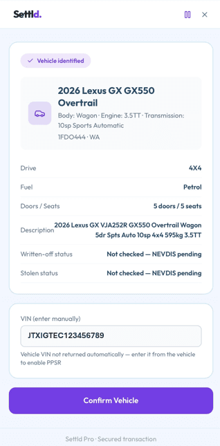 Vehicle Identification — Settld app screenshot